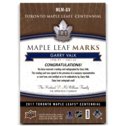2017-18 Upper Deck Toronto Maple Leafs Centennial Marks Autographs MLM-GV GARY VALE