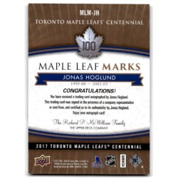 2017-18 Upper Deck Toronto Maple Leafs Centennial Marks Autographs MLM-JH JONAS HOGLUND