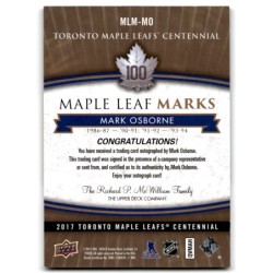 2017-18 Upper Deck Toronto Maple Leafs Centennial Marks Autographs MLM-MO MARK OSBORNE