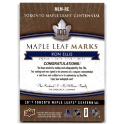 2017-18 Upper Deck Toronto Maple Leafs Centennial Marks Autographs MLM-RE RON ELLIS