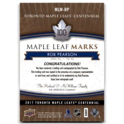 2017-18 Upper Deck Toronto Maple Leafs Centennial Marks Autographs MLM-RP ROB PEARSON