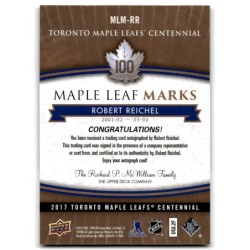 2017-18 Upper Deck Toronto Maple Leafs Centennial Marks Autographs MLM-RR ROBERT REICHEL