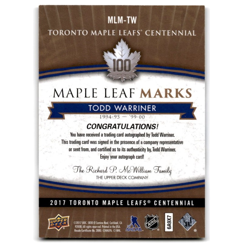 2017-18 Upper Deck Toronto Maple Leafs Centennial Marks Autographs