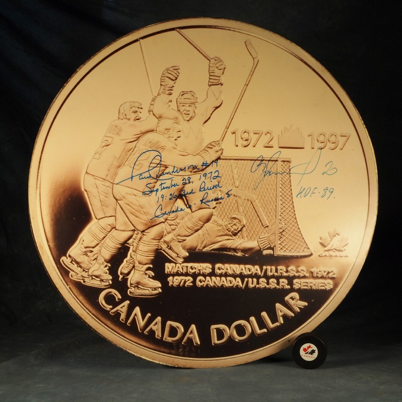 Paul Henderson & Vladislav Tretiak Signed & Inscribed Canadian Looney Blow-Up From Hockey Hall of Fame